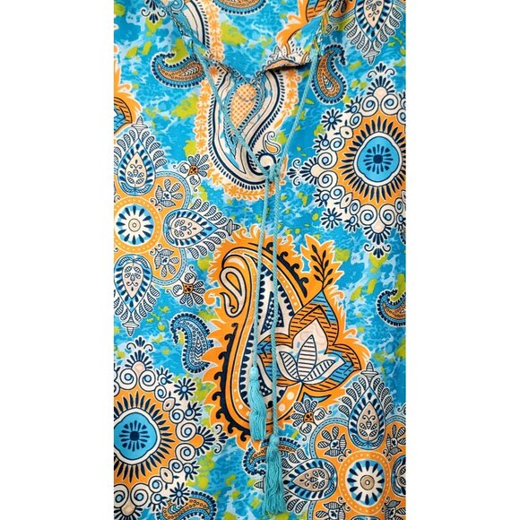 Lapogee Boho Paisley Print Tunic 3X Short Flutter Sleeve Blue/Orange Flowy India - Picture 3 of 13